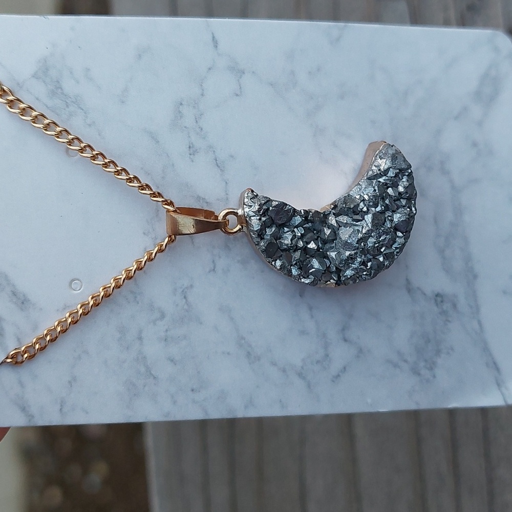 Half Moon Graphite Stone Necklace on Stainless Steel Chain